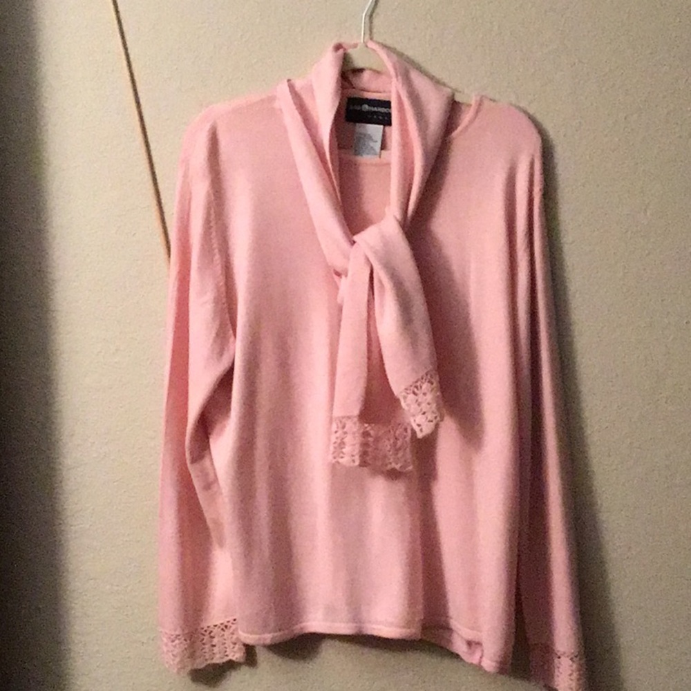 PINK KNIT TOP w/attached scarf & crochet lace details, Womens XL great condition